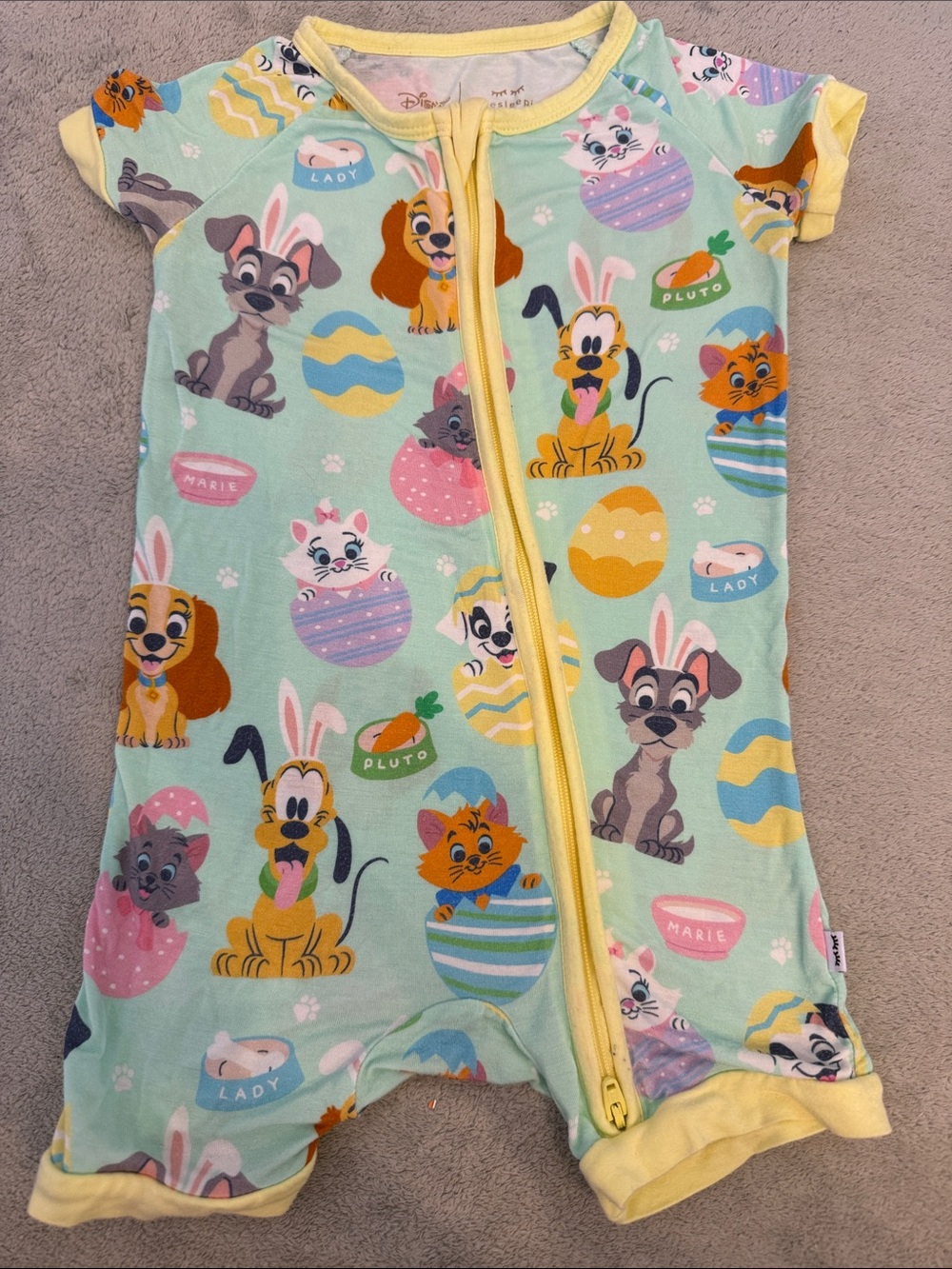 Disney Baby Mint Easter Puppy & Kitten Short Sleeve Zip Romper - Yellow Trim